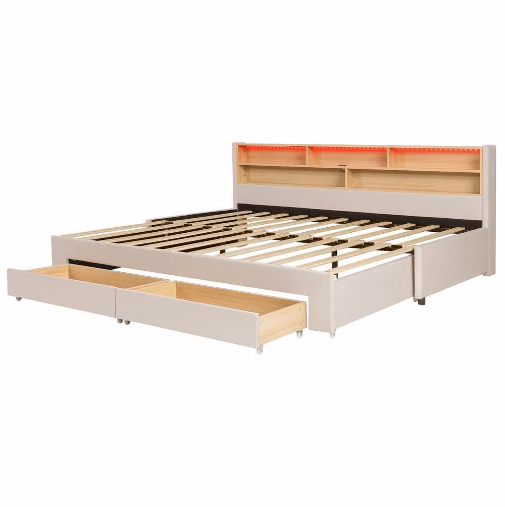 STILVORA 3-in-1 Extendable Single Sofa Bed Frame with LED Headboard, USB Charging and Storage Drawers in Beige Velvet Fabric, W/D/H: 90 x 190 cm – 3
