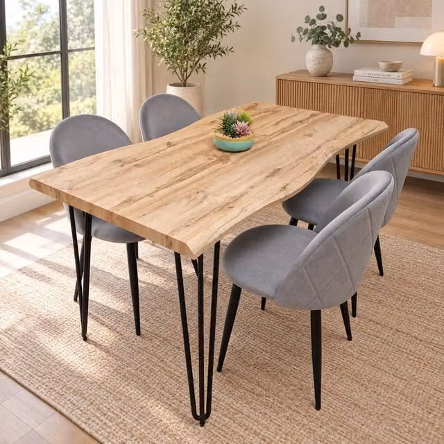Kosy Koala Rustic Wood-Effect Rectangular Dining Table Set with 4 Grey Upholstered Chairs, W/D/H: 140 x 80 x 75 cm, Brown