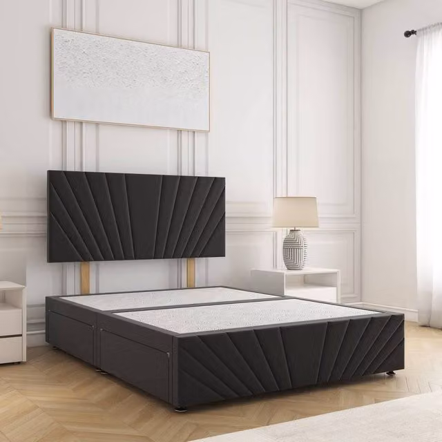 BSSPOKE Rose Divan Bed in Black Velvet with 24 inch Plush Headboard and 2 Drawers, Single, W/D/H: 90 x 190 x 61 cm