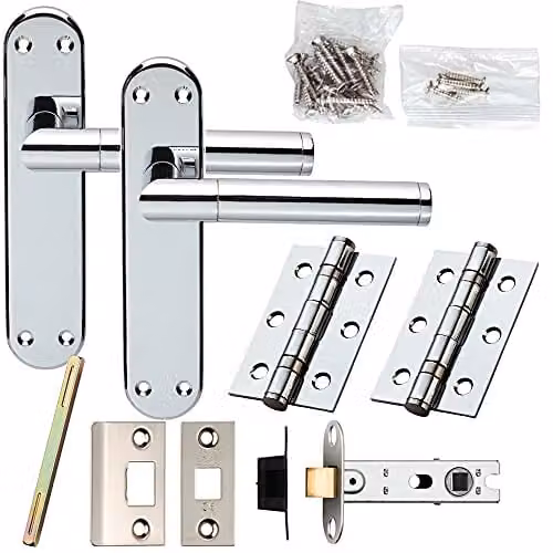 Loops Door Handle and Latch Pack in Chrome with Round Straight Bar Lever Backplate 180 x 40 mm