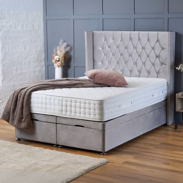 BSSPOKE Olivia Ottoman Divan Bed with 54 inch Headboard and Mattress in Blue Plush Velvet, Super King, W/D/H: 200 x 200 cm
