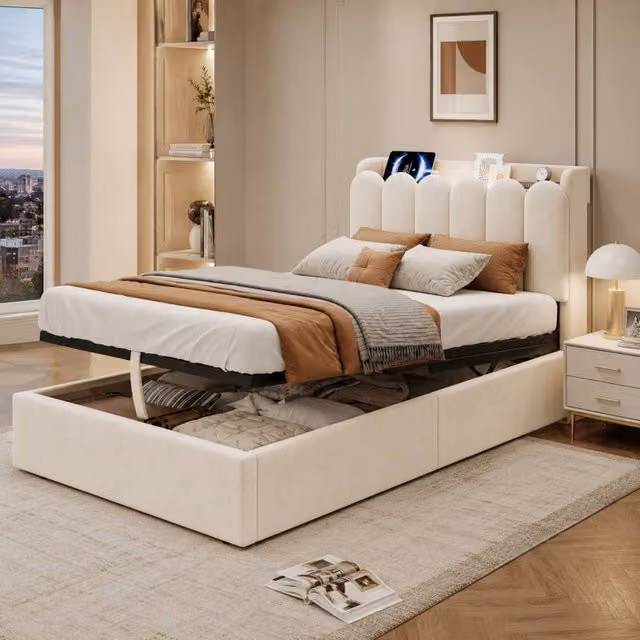 Matteo 3FT Single Ottoman Bed Frame in Beige Velvet with USB Charging Port, Integrated Reading Light and Storage W/D/H: 90 x 190 cm