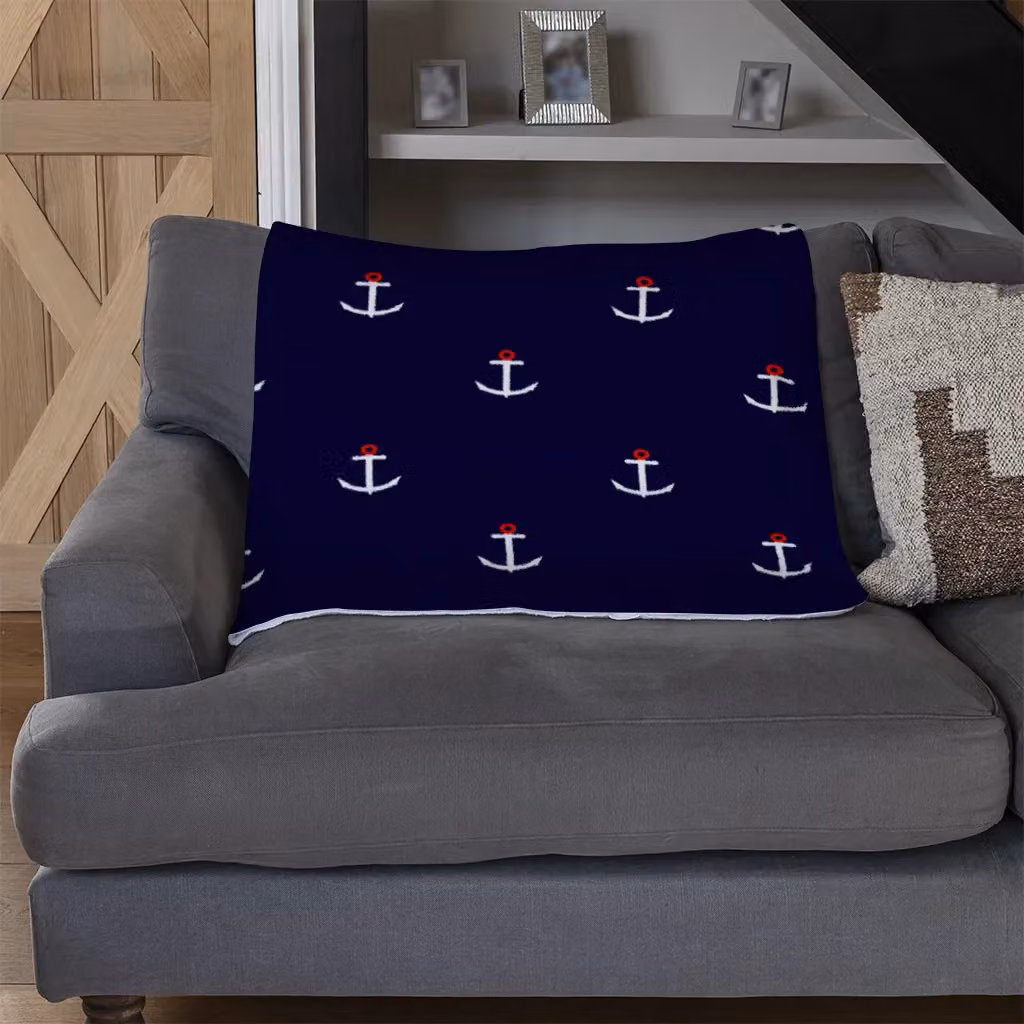 Benjamin Tate Design Maritime Fleece Blanket with White and Red Anchors on Navy Blue, W/D/H: 120 x 150 cm – 3