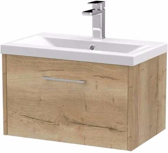 Balterley Winshill Wall Mounted 1 Drawer Vanity Unit with Mid-Edge Basin, Light Oak Brown, Width: 60 cm