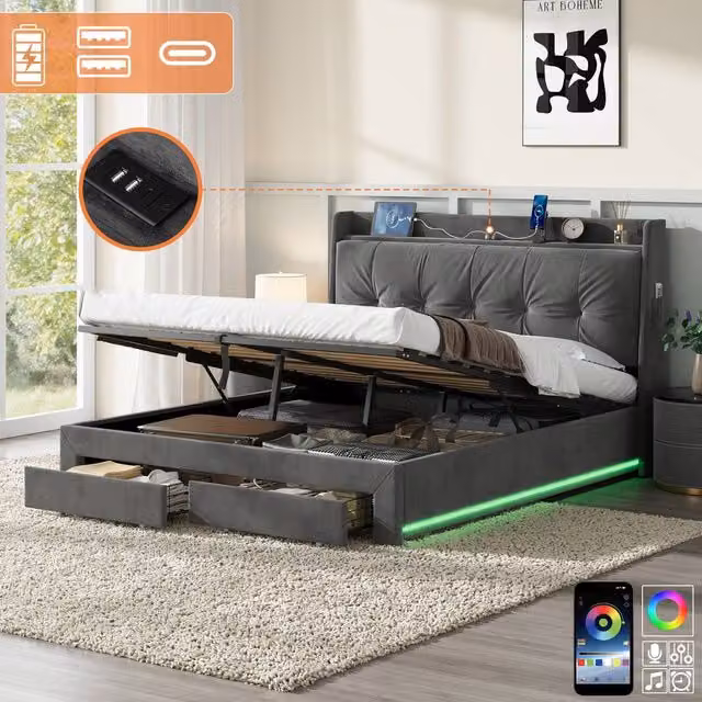 Rolipo King Size Grey Velvet Ottoman Bed Frame with LED Lighting, Storage and USB Ports, W/D/H: 180 x 200 cm
