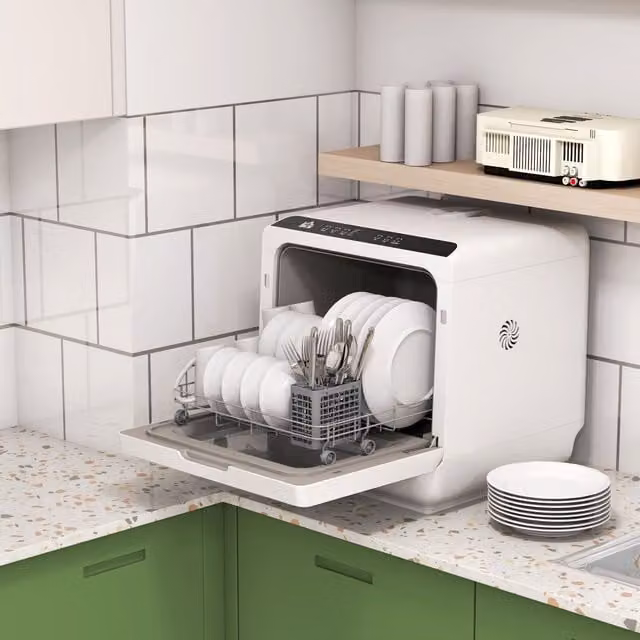 HOMCOM Countertop Dishwasher with 4 Place Settings and 6 Programs, White and Multicolour – 1