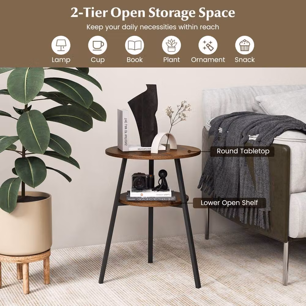 Gymax 2-Tier Round Side Table and Nightstand with Open Storage Shelf in Brown – 2