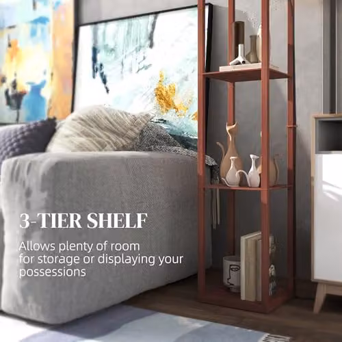 HOMCOM Modern Floor Lamp with 3 Shelves and Fabric Lampshade in Brown, Height: 160 cm – 4
