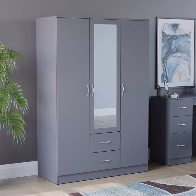 HD Designs Riano Modern Grey Mirrored Wardrobe with 3 Doors and 2 Drawers – 1