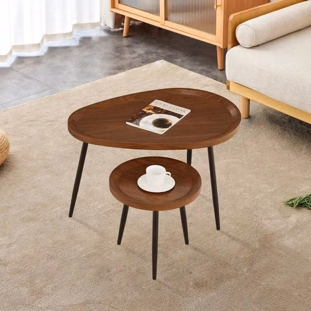 FORGEVIO Double Nested Coffee Table Set in Brown with Wood and Metal Construction