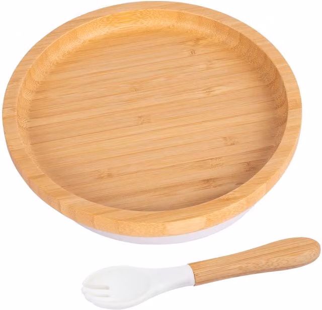 Tiny Dining Bamboo Round Baby Weaning Plate and Fork Set in White