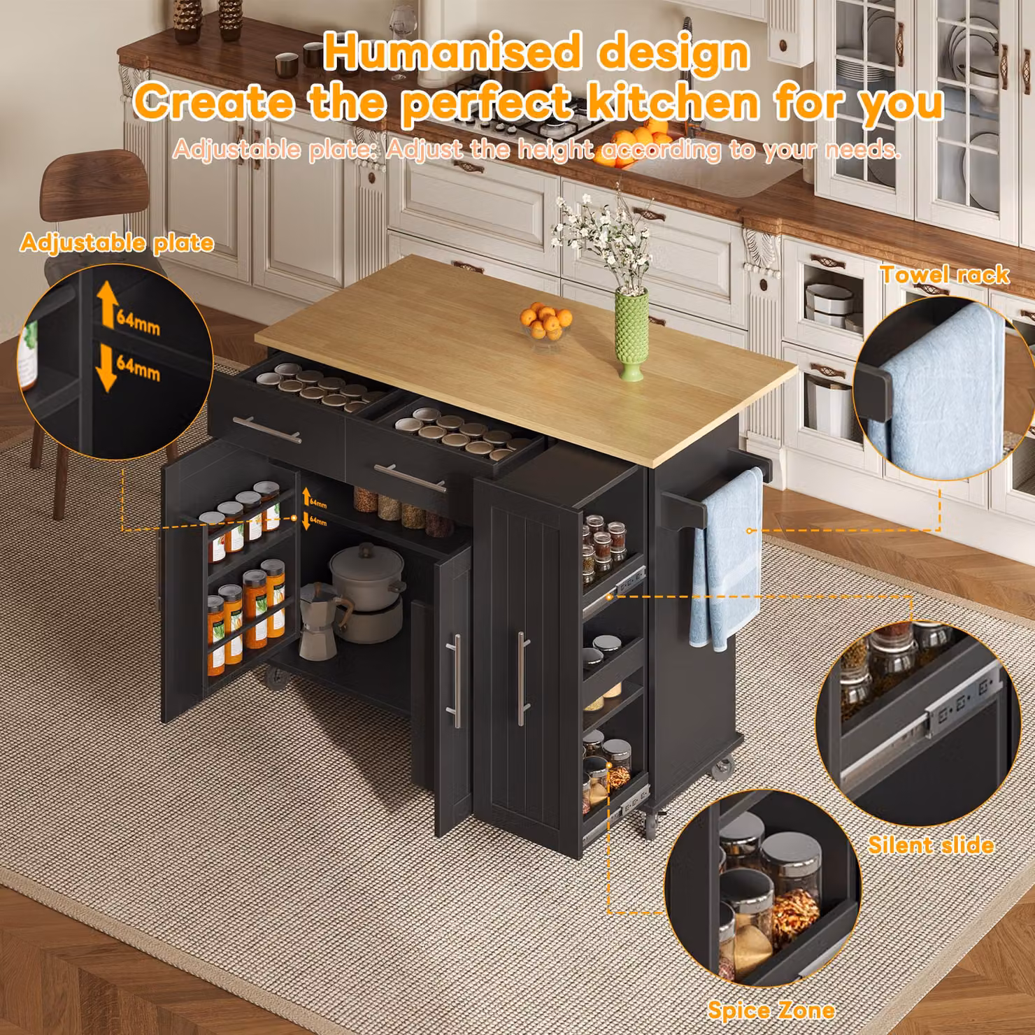 Aosom UK Modern Kitchen Trolley with Drop Leaf and Pull-Out Organiser in Black and Natural, W: 120 cm, D: 40 cm, H: 90 cm – 6