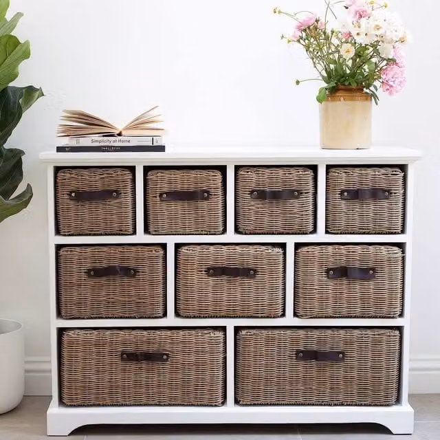Statement Furniture Tetbury 9 Drawer Storage Unit in White with Neutral Extra-Strong Baskets, W/D/H: 80 x 40 x 105 cm