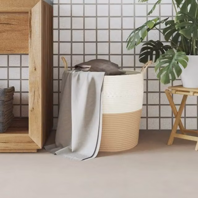 Berkfield Cotton Storage Basket in Beige and White, W: 43 cm, D: 38 cm – 1