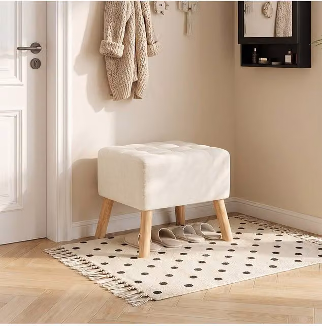 Living and Home White Chenille Upholstered Cube Footstool