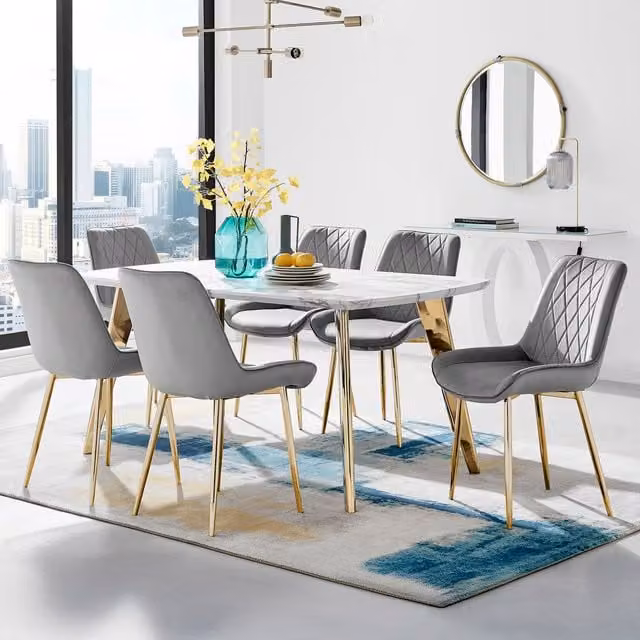 FurnitureboxUK Andria Grey Marble Effect Rectangular Dining Table with 6 Pesaro Gold Leg Chairs