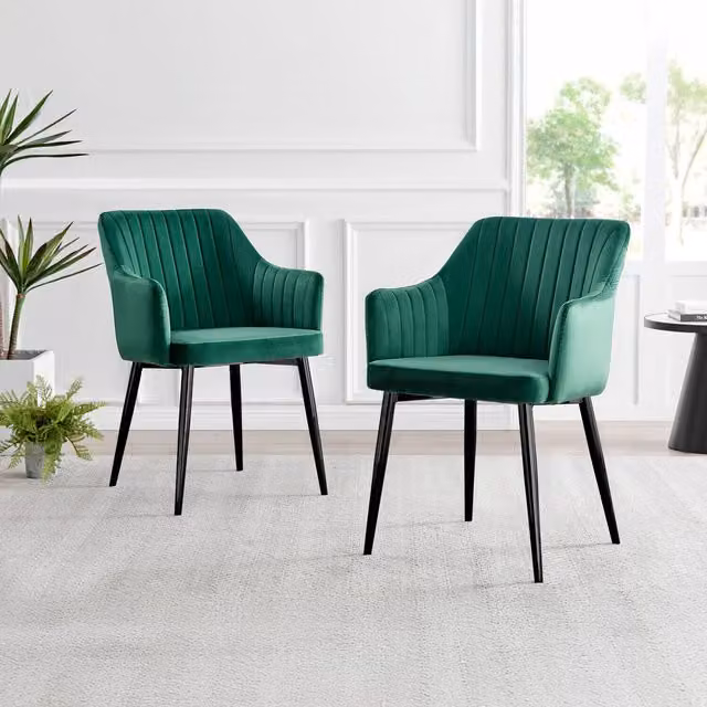 FurnitureboxUK Calla Modern Green Velvet Dining Chairs with Armrests, Set of 2