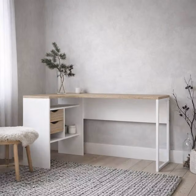 Wyld Haus Billabong Corner Desk in White and Natural Oak with 2 Drawers