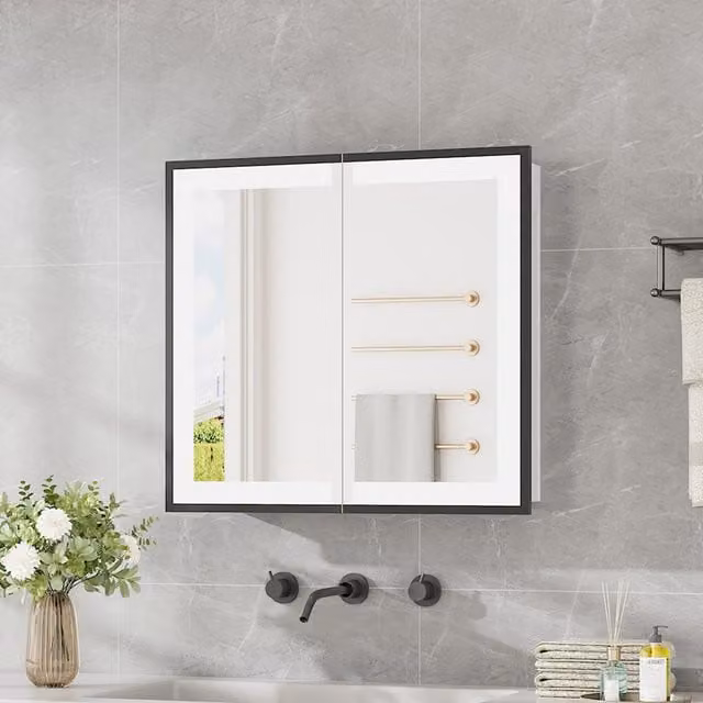 Lifeideas Black Wall Mounted Bathroom LED Mirror Cabinet with Sensor Switch and Shaver Socket, Width: 65 cm