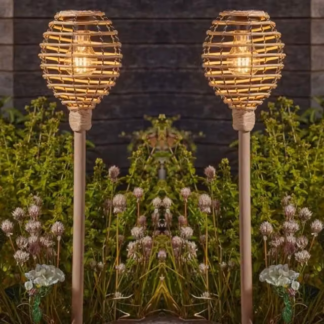Marco Paul 2-Pack Large Solar Rattan Garden Stake Lights in Beige with Warm White Dusk Sensor