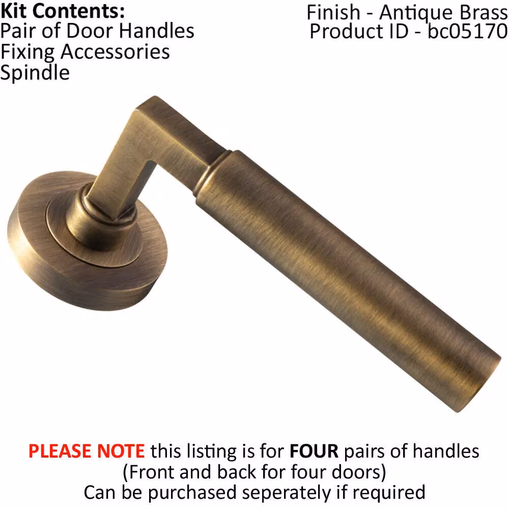 Loops 4 Pair Straight Round Bar Handles with Concealed Fix Round Rose in Antique Brass – 2