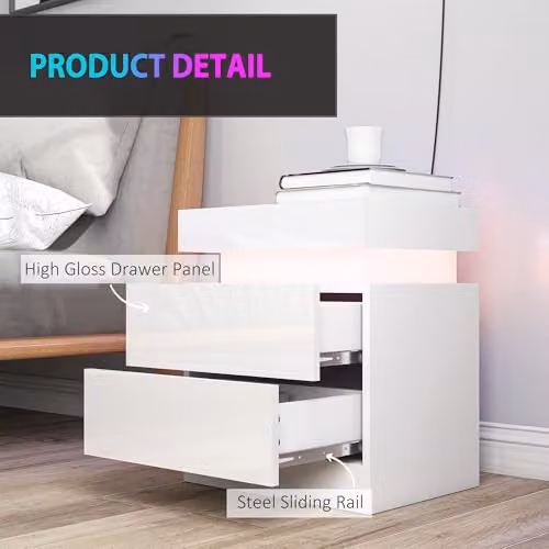 HOMCOM Set of 2 Modern High Gloss White Bedside Tables with Integrated LED Lighting – 6