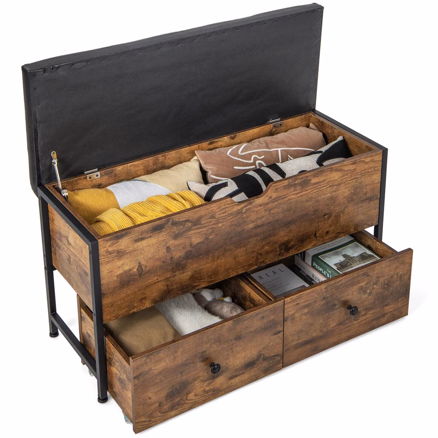 Costway Brown Wooden Storage Ottoman Bench with Flip Top Chest and 2 Drawers – 3