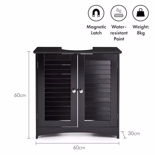 VonHaus Shrewsbury Freestanding Under Sink Bathroom Cabinet with Roll Shutter Doors and Internal Shelves, Black – 3