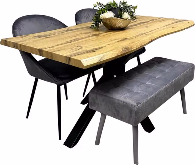 Kosy Koala Modern Wooden Dining Set with Rectangular Table, 2 Grey Velvet Chairs and Padded Bench