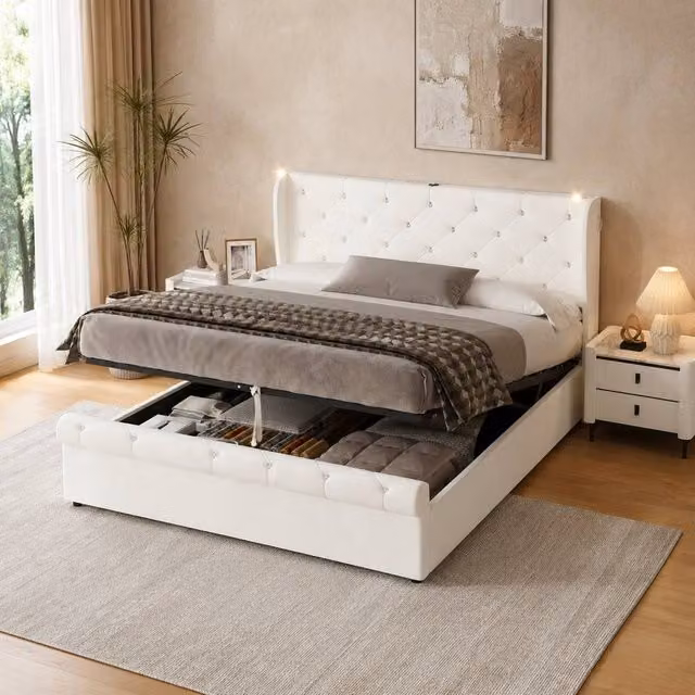 STILVORA King Bed Frame in Beige with Hydraulic Storage, USB Charging Port and Integrated Reading Light