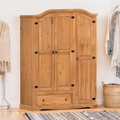 Mercers Furniture Corona 3 Door 1 Drawer Wardrobe in Brown and Black Waxed Solid Pine, H 190 cm x W 150 cm x D 51 cm – 1
