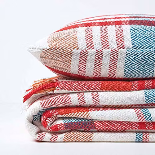 Homescapes Falun Cotton Tartan Throw in Red, Orange and White with Fringes, W: 150 cm, D: 200 cm – 4