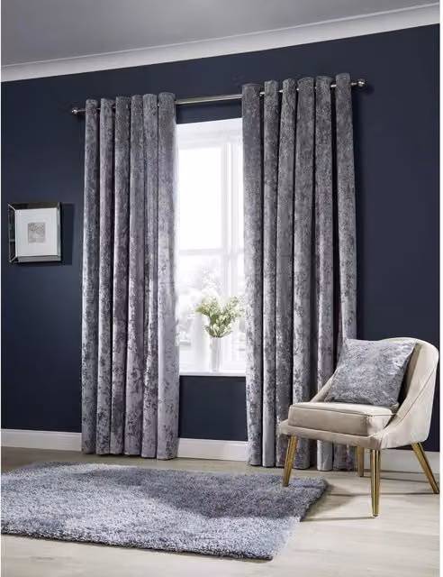 NewEdgeBlinds Silver Crushed Velvet Eyelet Curtains, W: 167 cm, H: 183 cm