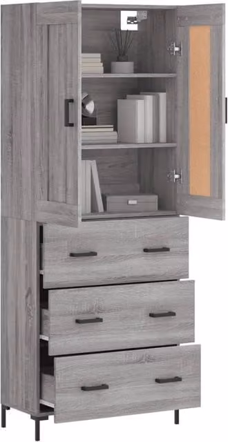 Berkfield Home Modern Grey Sonoma Highboard with Hinged Doors and Internal Shelves, W/D/H: 69.5 x 34 x 180 cm