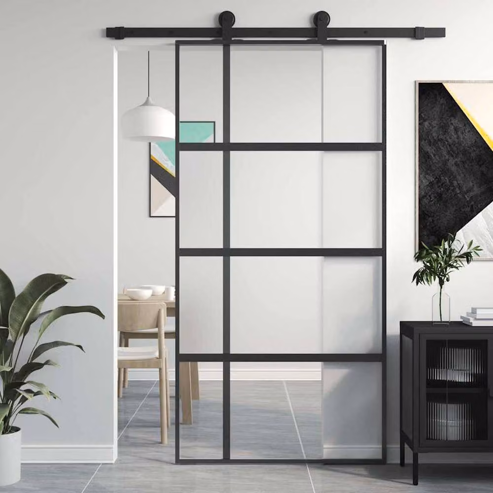 Berkfield Home Black Sliding Door with Transparent Tempered Glass and Aluminium, W: 102.5 cm, H: 205 cm – 2