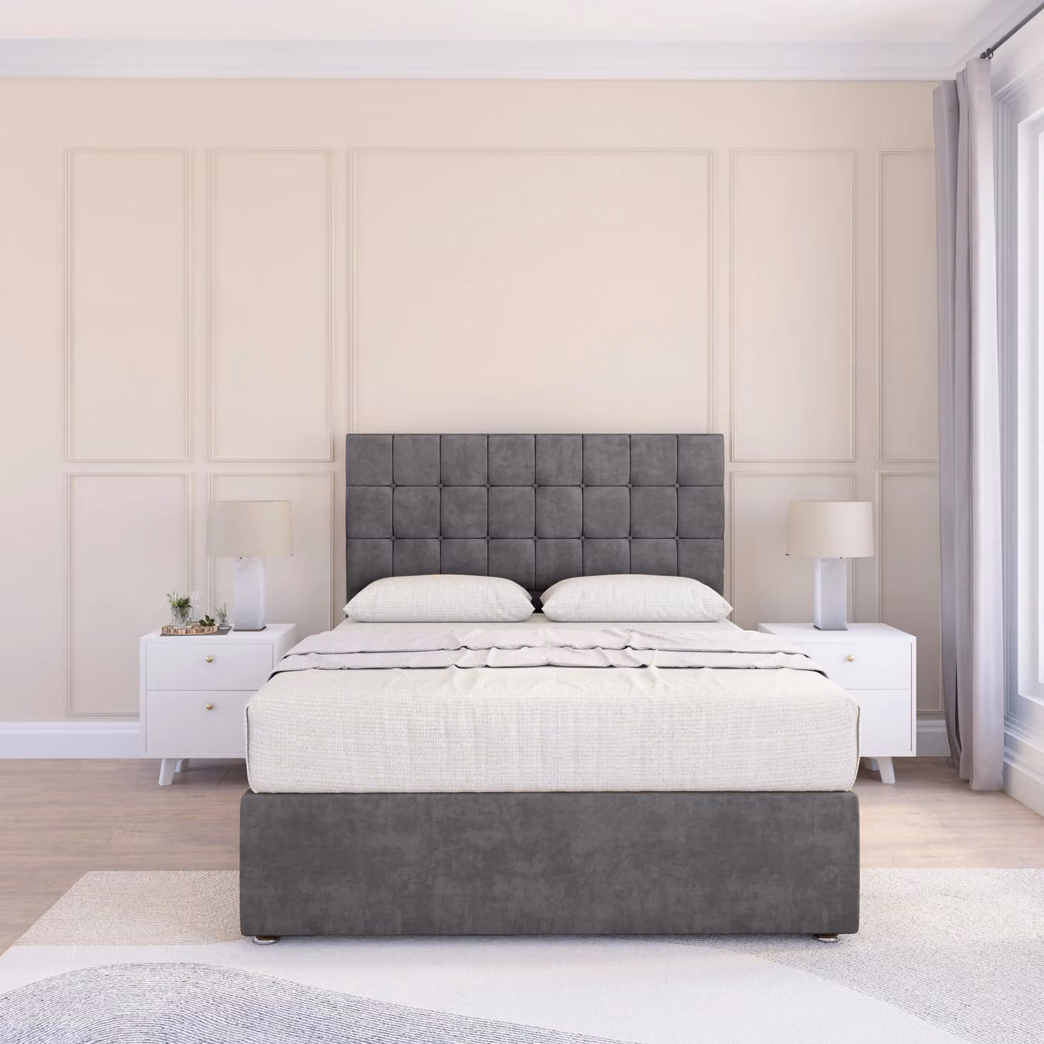 Sloomy Alabama Divan Bed Base with Floor Standing Headboard, Light Beige Fabric, W/D/H: 180 x 200 cm
