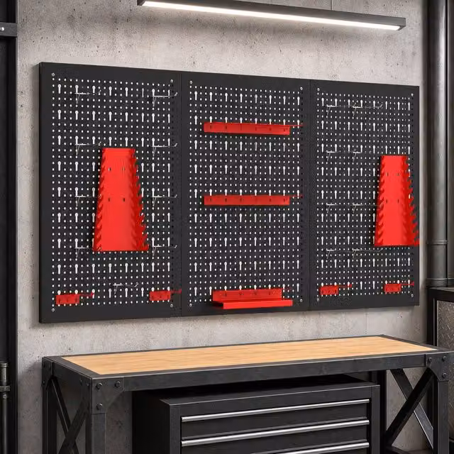 STILVORA Wall-Mounted Steel Tool Storage Organiser with Pegboards in Black, W/H: 120 x 30 cm