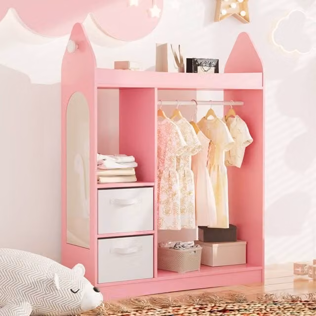 KEEPREAPER Pink Childrens Wardrobe with Mirror, Internal Drawers and Open Shelf