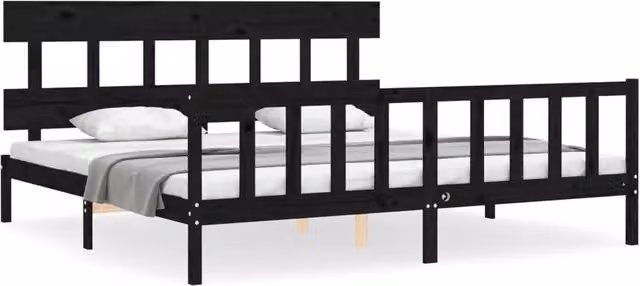 Berkfield Home Solid Wood Bed Frame with Headboard in Black, 200 x 200 cm – 1