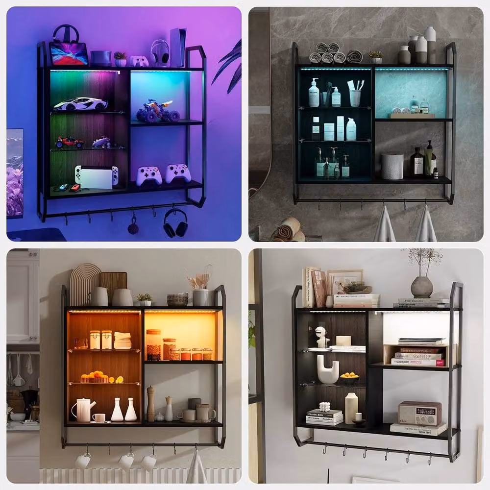 Kelvenix Black Wall Mounted Floating Adjustable Shelves with Integrated Lighting and Back Panel – 3
