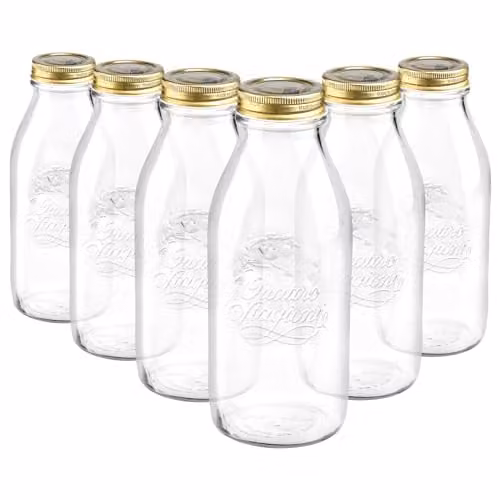 Bormioli Rocco Quattro Stagioni Glass Bottles with Screw Top Lid, 1L, Pack of 6, Transparent and Gold