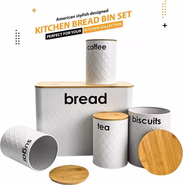KORVIXA 5-Piece White Airtight and Leakproof Kitchen Storage Tin Set with Bamboo and Silicone Lids
