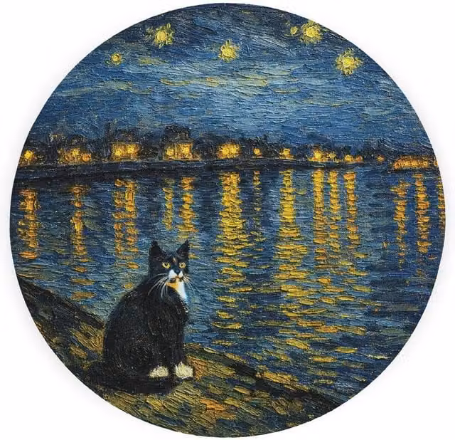 Purely Home Van Gogh Starry Night Tuxedo Cat Textured Glass Round Trivet and Small Kitchen Chopping Board, Blue