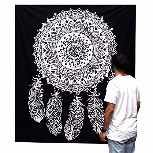 Beespoke Gifts Dreamcatcher Double Cotton Bedspread and Wall Hanging Set in Black and White – 2