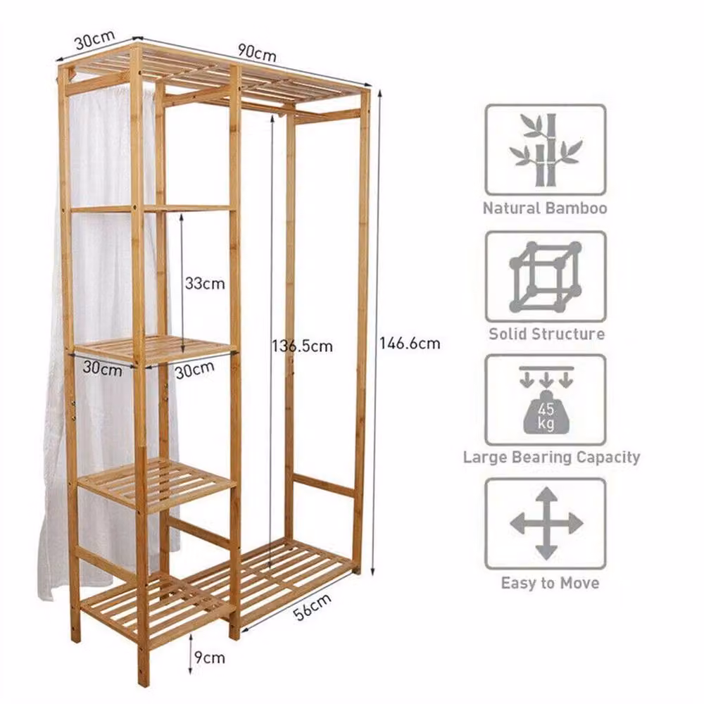 KORVIXA 2-in-1 Bamboo Clothes Rail in Natural Brown – 2