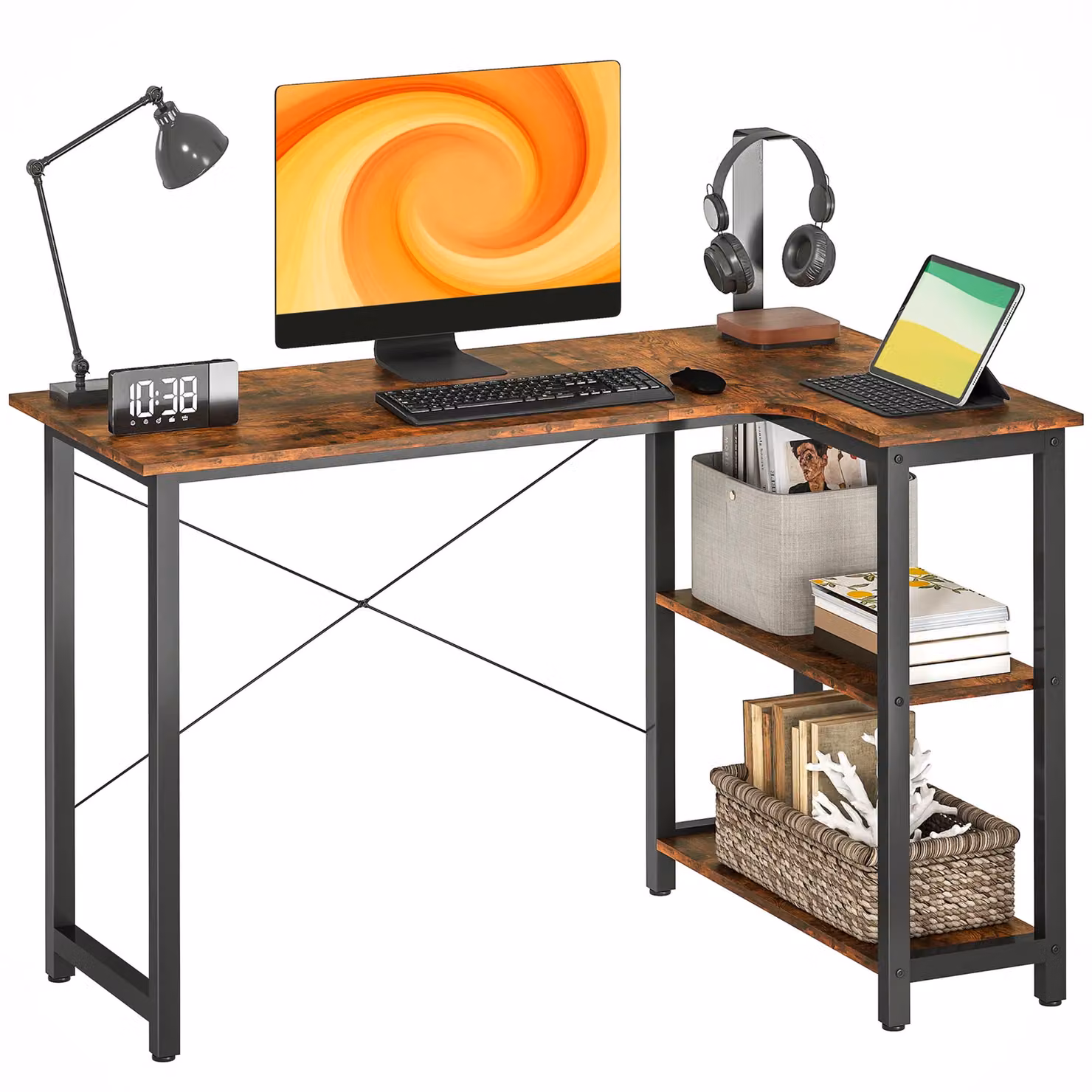 HOMCOM L-Shaped Corner Desk with Bookshelf in Rustic Brown, W/D/H: 120 x 73.2 x 75 cm – 2
