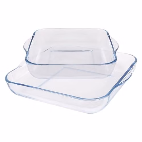 Argon Tableware Square Glass Lasagne Dish Set, 2-Piece Transparent Oven Dish Set with Handles, Microwave and Freezer Safe
