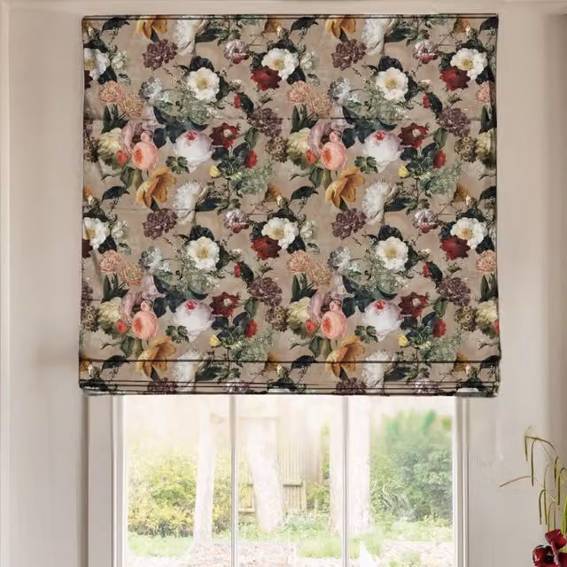 Linda Barker Florabunda Blackout Velvet Made To Measure Roman Blind in Parchment Beige and Multicolour Floral Design