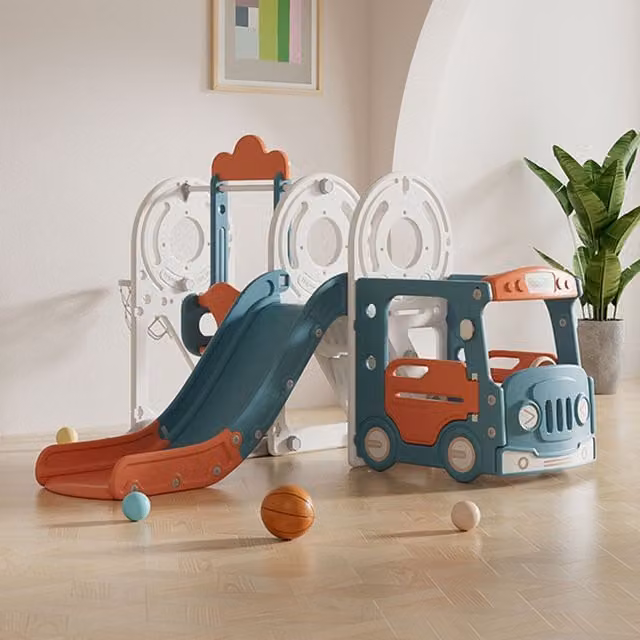 Livingandhome 3 in 1 Smiling Bus Toddler Climber Slide and Swing Set in Blue and Red