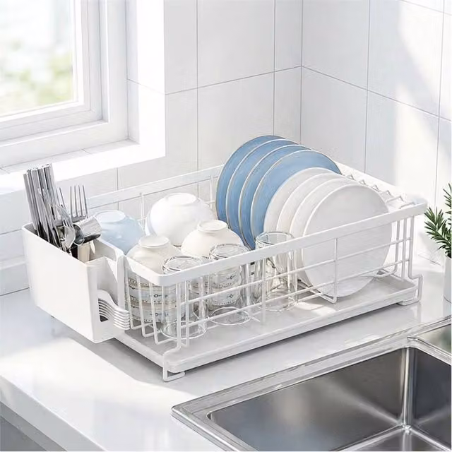 FLAVORA White Coated Steel Dish Drying Rack with Drip Tray and Cutlery Holder